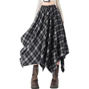 imagechouyatou Women 2025 Fall ALine Pleated Midi Long Plaid Skirt Casual Handkerchief Hem Flare Skater SkirtBlack