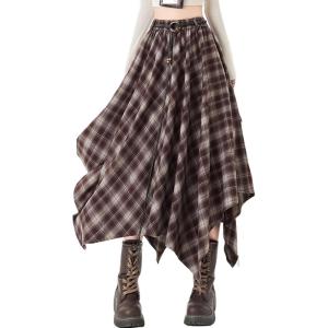imagechouyatou Women 2025 Fall ALine Pleated Midi Long Plaid Skirt Casual Handkerchief Hem Flare Skater SkirtBrown