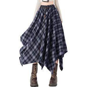 imagechouyatou Women 2025 Fall ALine Pleated Midi Long Plaid Skirt Casual Handkerchief Hem Flare Skater SkirtNavy Blue