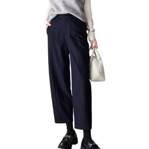 imagechouyatou Womens Fall Winter Wool Pants Elastic Waist Dressy Work Business Casual Slacks Cropped TrouserNavy Blue