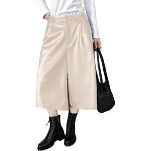 imagechouyatou Womens Pu Faux Leather Wide Leg Cropped Pants High Elastic Waist Baggy Barrel Capri Palazzo PantsBeige White