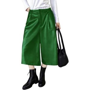imagechouyatou Womens Pu Faux Leather Wide Leg Cropped Pants High Elastic Waist Baggy Barrel Capri Palazzo PantsGreen