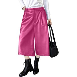 imagechouyatou Womens Pu Faux Leather Wide Leg Cropped Pants High Elastic Waist Baggy Barrel Capri Palazzo PantsRose Red