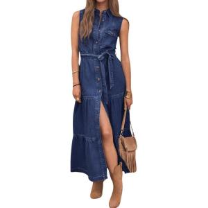imagechouyatou Womens Summer Button Down Denim Shirt Dress Business Casual Belted Sleeveless Midi Long Jean DressDark Blue