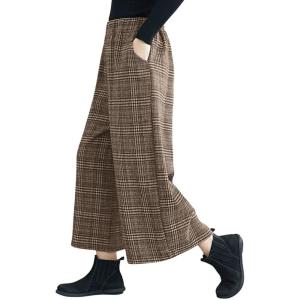 imagechouyatou Womens Winter Wool Plaid Wide Leg Cropped Pants Elastic Waist Wool Blend Capri Pants with PocketsCoffee