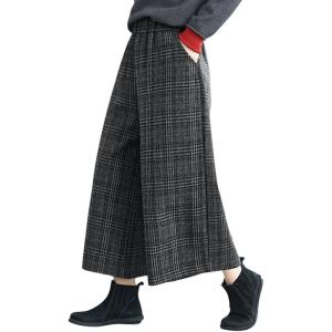 imagechouyatou Womens Winter Wool Plaid Wide Leg Cropped Pants Elastic Waist Wool Blend Capri Pants with PocketsGray