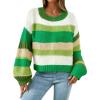 imagechouyatou Women Striped Chunky Pullover Sweaters Crewneck Fall Trendy Color Block Long Sleeve Knit Sweater TopGreen