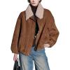 imagechouyatou Womens Boyfriend Faux Suede Leather Bomber Jacket Zip Up Sherpa Lined Dressy Winter CoatBrown