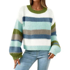 imagechouyatou Women Striped Chunky Pullover Sweaters Crewneck Fall Trendy Color Block Long Sleeve Knit Sweater TopBlue