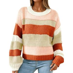 imagechouyatou Women Striped Chunky Pullover Sweaters Crewneck Fall Trendy Color Block Long Sleeve Knit Sweater TopBrick Red