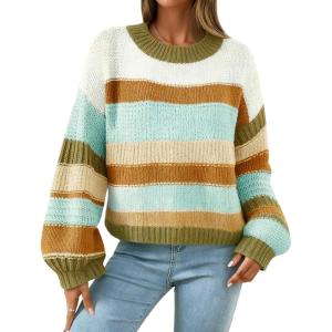 imagechouyatou Women Striped Chunky Pullover Sweaters Crewneck Fall Trendy Color Block Long Sleeve Knit Sweater TopBrown