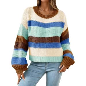 imagechouyatou Women Striped Chunky Pullover Sweaters Crewneck Fall Trendy Color Block Long Sleeve Knit Sweater TopCoffee