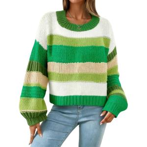 imagechouyatou Women Striped Chunky Pullover Sweaters Crewneck Fall Trendy Color Block Long Sleeve Knit Sweater TopGreen