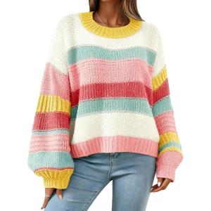 imagechouyatou Women Striped Chunky Pullover Sweaters Crewneck Fall Trendy Color Block Long Sleeve Knit Sweater TopYellow