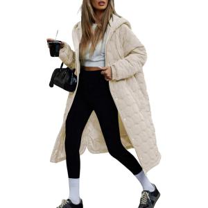 imagechouyatou Womens 2025 Winter Lightweight Quilted Puffer Jacket Hooded Midi Long Puffer Coat OvercoatBeige