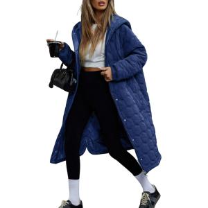 imagechouyatou Womens 2025 Winter Lightweight Quilted Puffer Jacket Hooded Midi Long Puffer Coat OvercoatBlue