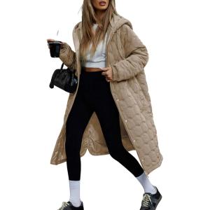imagechouyatou Womens 2025 Winter Lightweight Quilted Puffer Jacket Hooded Midi Long Puffer Coat OvercoatKhaki