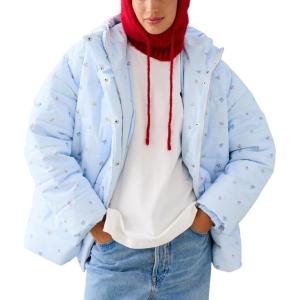imagechouyatou Womens 2025 Winter Warm Floral Print Puffer Jacket Oversized Quilted Baggy Hooded Down JacketLight Blue
