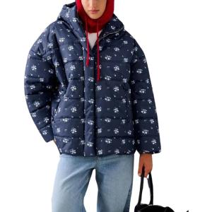 imagechouyatou Womens 2025 Winter Warm Floral Print Puffer Jacket Oversized Quilted Baggy Hooded Down JacketNavy Blue