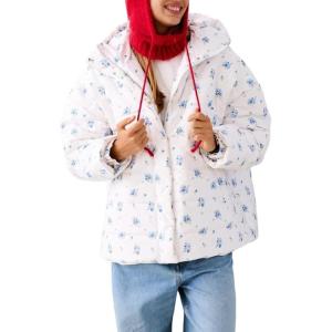 imagechouyatou Womens 2025 Winter Warm Floral Print Puffer Jacket Oversized Quilted Baggy Hooded Down JacketWhite