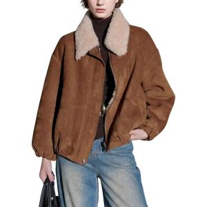 imagechouyatou Womens Boyfriend Faux Suede Leather Bomber Jacket Zip Up Sherpa Lined Dressy Winter CoatBrown