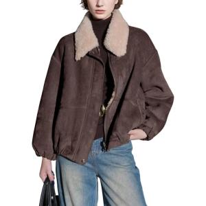 imagechouyatou Womens Boyfriend Faux Suede Leather Bomber Jacket Zip Up Sherpa Lined Dressy Winter CoatCoffee