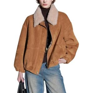imagechouyatou Womens Boyfriend Faux Suede Leather Bomber Jacket Zip Up Sherpa Lined Dressy Winter CoatLight Brown