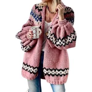 imagechouyatou Womens Fall Casual Patterned Cardigan Sweater Oversized Open Front VNeck Chunky Knit Cardigan CoatPink