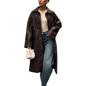 imagechouyatou Womens Faux Leather Long Trench Coat Casual Lapel Single Breasted Pu Leather Jacket Outerwear OvercoatCoffee