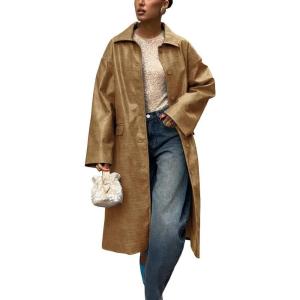 imagechouyatou Womens Faux Leather Long Trench Coat Casual Lapel Single Breasted Pu Leather Jacket Outerwear OvercoatKhaki