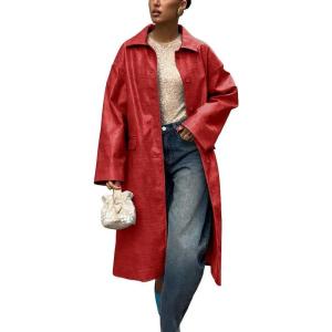 imagechouyatou Womens Faux Leather Long Trench Coat Casual Lapel Single Breasted Pu Leather Jacket Outerwear OvercoatRed