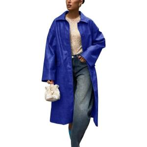 imagechouyatou Womens Faux Leather Long Trench Coat Casual Lapel Single Breasted Pu Leather Jacket Outerwear OvercoatRoyal Blue