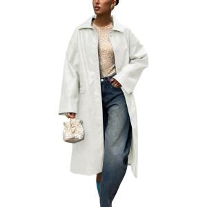 imagechouyatou Womens Faux Leather Long Trench Coat Casual Lapel Single Breasted Pu Leather Jacket Outerwear OvercoatWhite
