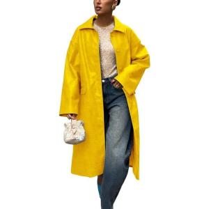 imagechouyatou Womens Faux Leather Long Trench Coat Casual Lapel Single Breasted Pu Leather Jacket Outerwear OvercoatYellow