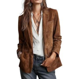 imagechouyatou Womens Retro Faux Suede Leather Blazer Jacket Notched Collar Work Dressy Business Casual CoatBrown
