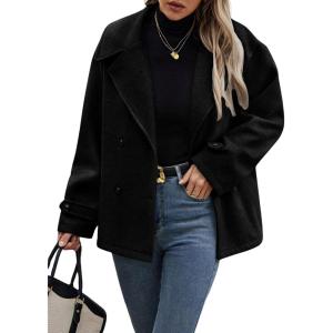 imagechouyatou Womens Winter Loose Fit Cropped Wool Coat Double Breasted Dressy Short Blazer Jacket PeacoatBlack