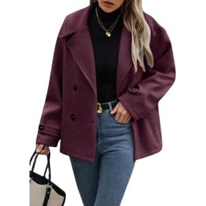 imagechouyatou Womens Winter Loose Fit Cropped Wool Coat Double Breasted Dressy Short Blazer Jacket PeacoatBurgundy