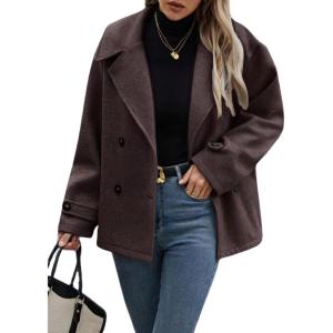 imagechouyatou Womens Winter Loose Fit Cropped Wool Coat Double Breasted Dressy Short Blazer Jacket PeacoatCoffee