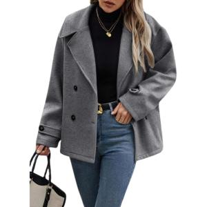 imagechouyatou Womens Winter Loose Fit Cropped Wool Coat Double Breasted Dressy Short Blazer Jacket PeacoatDark Grey