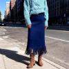 imagechouyatou Womens Fringe Trim Faux Suede Skirt High Waisted Pencil Dressy Fall Winter Midi Long SkirtBlue