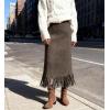 imagechouyatou Womens Fringe Trim Faux Suede Skirt High Waisted Pencil Dressy Fall Winter Midi Long SkirtGrey