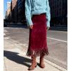 imagechouyatou Womens Fringe Trim Faux Suede Skirt High Waisted Pencil Dressy Fall Winter Midi Long SkirtRed