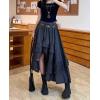 imagechouyatou Womens Y2K Irregular Ruffle Hem Denim Skirt Elastic Waist Split Thigh Midi Jean Tiered SkirtBlack