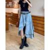 imagechouyatou Womens Y2K Irregular Ruffle Hem Denim Skirt Elastic Waist Split Thigh Midi Jean Tiered SkirtLight Blue