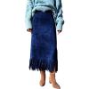 imagechouyatou Womens Fringe Trim Faux Suede Skirt High Waisted Pencil Dressy Fall Winter Midi Long SkirtBlue