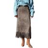 imagechouyatou Womens Fringe Trim Faux Suede Skirt High Waisted Pencil Dressy Fall Winter Midi Long SkirtGrey
