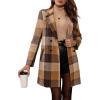 imagechouyatou Womens Vintage Plaid Pea Coat Double Breasted Wool Coat Mid Long Blazer Jacket Outerwear OvercoatKhaki