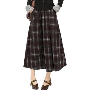 imagechouyatou Women Fall Elastic Waist ALine Pleated Plaid Wool Skirt Winter Midi Long Swing Skirt with PocketBrown