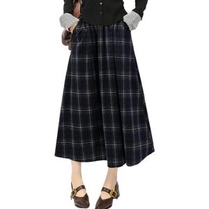 imagechouyatou Women Fall Elastic Waist ALine Pleated Plaid Wool Skirt Winter Midi Long Swing Skirt with PocketNavy Blue