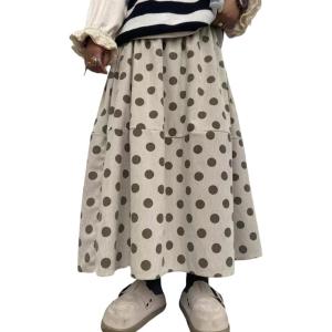 imagechouyatou Women Fall Y2K Polka Dot Coduroy Skirt Elastic Waist Winter ALine Flowy Pleated Midi Long SkirtBeige